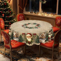 Christmas Round Tablecloth – Festive Santa & Reindeer Print Dining Table Cover ✨ Holiday Party Decor
