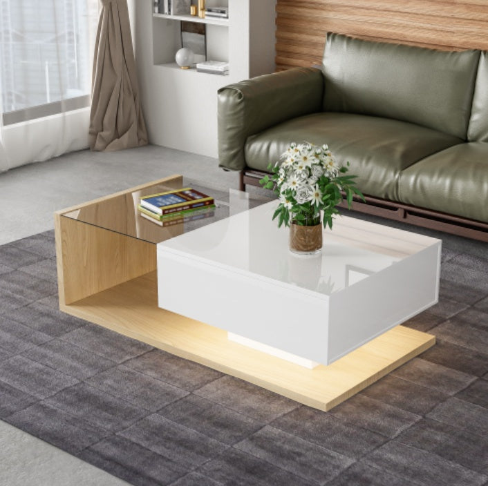 High Gloss LED Coffee Table – Modern White & Natural Wood Center Table with Hidden Storage ✨
