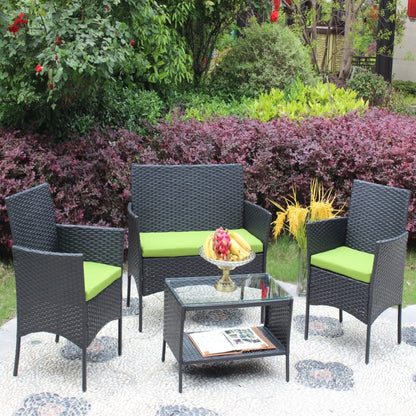 ☀️ Lime Luxe Rattan Patio Set — 4-Piece Outdoor Lounge with Black Weave & Bold Green Cushions 💚✨