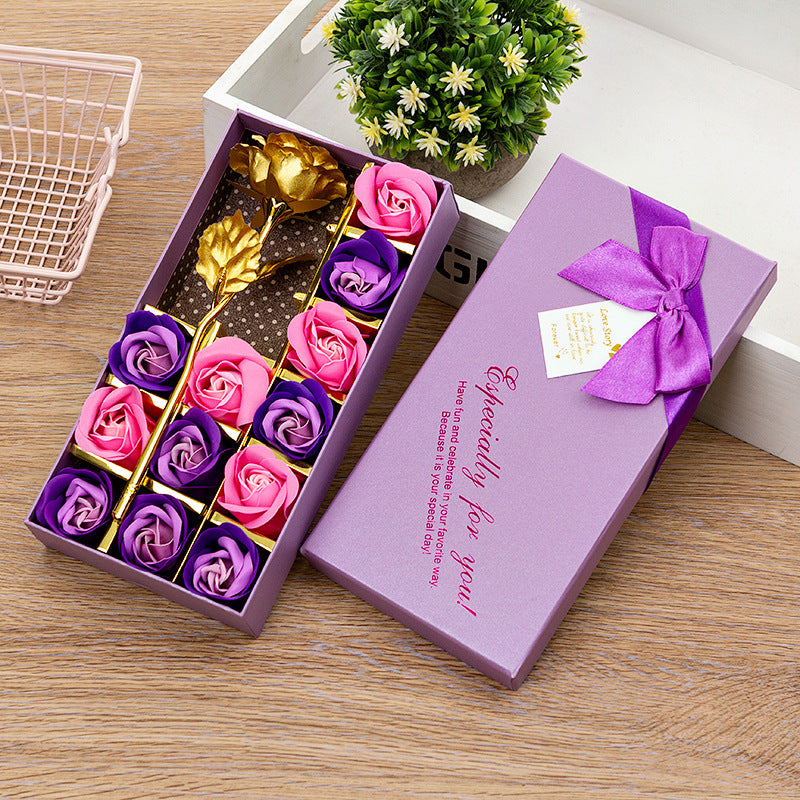 🌹 Luxury Soap Flower Rose Gift Box – 12 Roses with Gold Leaf Elegance 💝✨