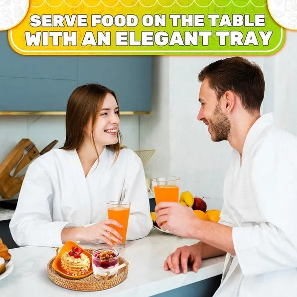 ✨ Handwoven Rattan Round Serving Tray with Handles | Elegant Natural Basket for Coffee, Snacks & Home Decor