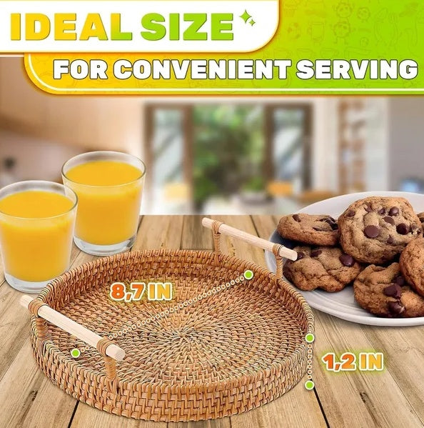 ✨ Handwoven Rattan Round Serving Tray with Handles | Elegant Natural Basket for Coffee, Snacks & Home Decor