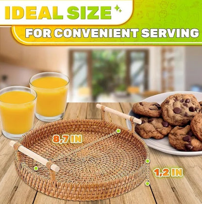 ✨ Handwoven Rattan Round Serving Tray with Handles | Elegant Natural Basket for Coffee, Snacks & Home Decor