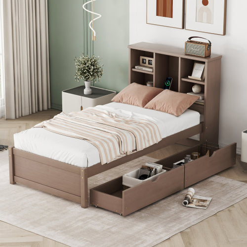 ✨ Modern Twin Bed with USB Port & Storage Drawers | Smart Bed Frame with Bookcase Headboard – Grey ️⚡