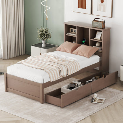 ✨ Modern Twin Bed with USB Port & Storage Drawers | Smart Bed Frame with Bookcase Headboard – Grey ️⚡