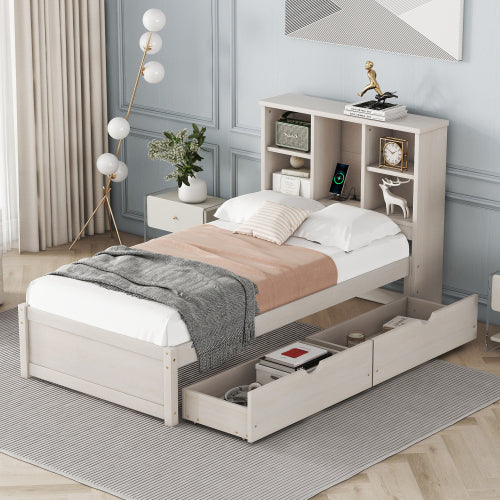 ✨ Modern Twin Bed with USB Port & Storage Drawers | Smart Bed Frame with Bookcase Headboard – Grey ️⚡