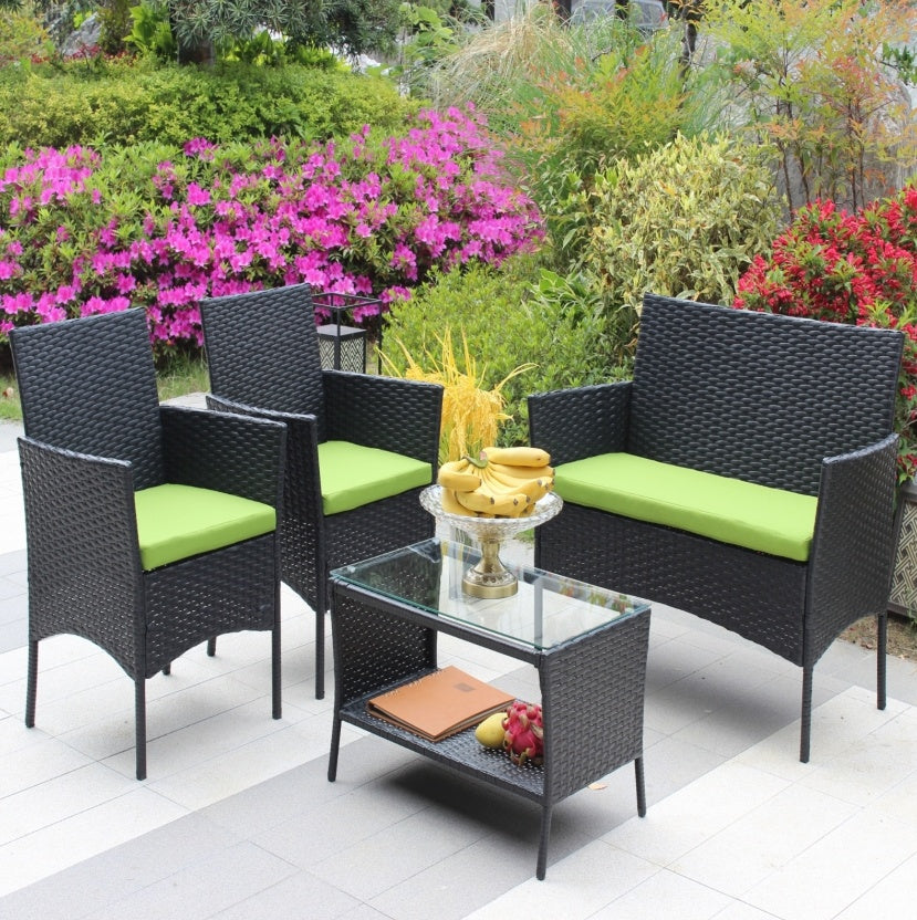 ☀️ Lime Luxe Rattan Patio Set — 4-Piece Outdoor Lounge with Black Weave & Bold Green Cushions 💚✨