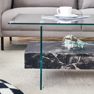 43.3 Inch Modern Glass & Black Marble Coffee Table – Two-Tier Living Room Center Table with Storage ✨