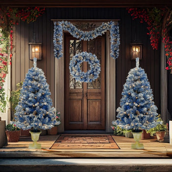 ✨ Pre-Lit Artificial Christmas Tree 4-Piece Set – Blue Frosted Tree, Garland, Wreath & Topiary  Premium Full Holiday Décor Collection