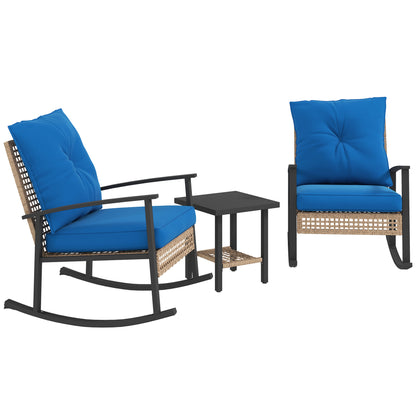 💙 Ocean Breeze Rattan Rocking Bistro Set — 3-Piece Handwoven Outdoor Lounge with Deep Blue Cushions & Coastal Charm ☀️✨