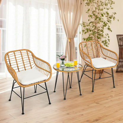 ☀️ Golden Hour Rattan Bistro Set — 3-Piece Handwoven Outdoor Lounge with Cream Cushions & Glass-Top Table ☕🌿