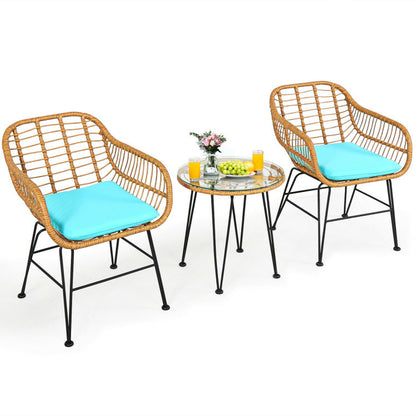🌊 Coastal Breeze Rattan Patio Set — 3-Piece Outdoor Bistro with Aqua Cushions &amp; Glass-Top Table ☕✨