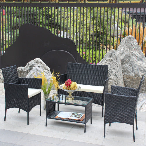 🌸 Garden Grace Rattan Conversation Set — 4-Piece Outdoor Lounge with Black Wicker Frame & Beige Cushions ☕✨