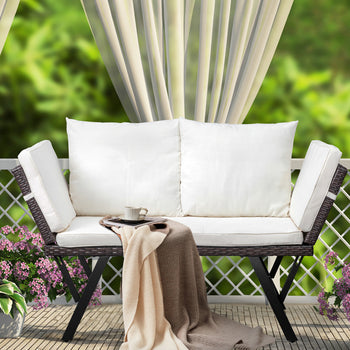✨ Stretchable Rattan Bench with Beige Cushions | Modern Outdoor Patio & Balcony Seating ☀️