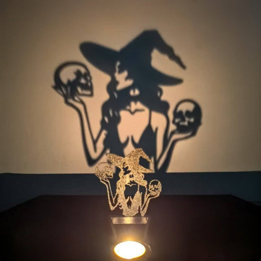 ✨ “Halloween Shadow Projection Candlestick – Spooky Witch & Skull Decor”