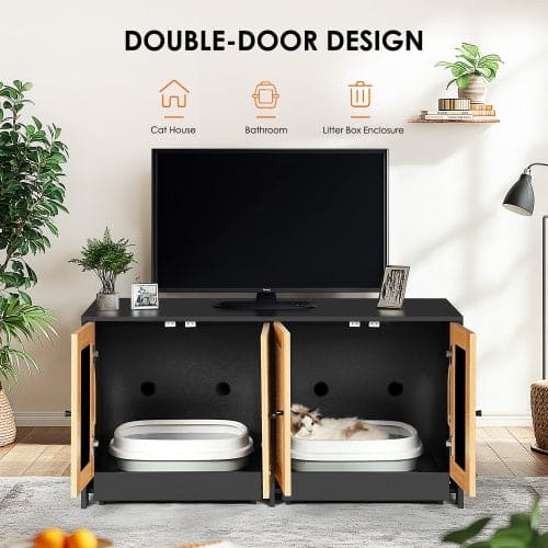 🐾 Purrfect Hideaway Rattan Cat Cabinet — Dual Litter Enclosure & Stylish Furniture for Modern Homes ✨🐈