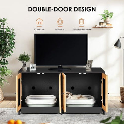 🐾 Purrfect Hideaway Rattan Cat Cabinet — Dual Litter Enclosure & Stylish Furniture for Modern Homes ✨🐈