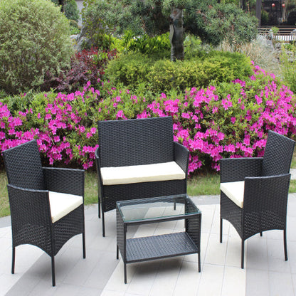 🌸 Garden Grace Rattan Conversation Set — 4-Piece Outdoor Lounge with Black Wicker Frame & Beige Cushions ☕✨