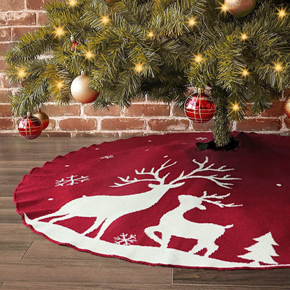 ✨ Knitted Christmas Tree Skirt – Red & White Elk Snow Scenery Design | Warm Nordic Holiday Décor for Christmas Trees ❄️