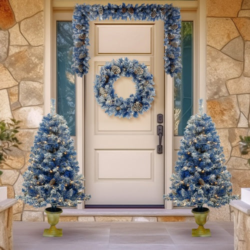 ✨ Pre-Lit Artificial Christmas Tree 4-Piece Set – Blue Frosted Tree, Garland, Wreath & Topiary  Premium Full Holiday Décor Collection