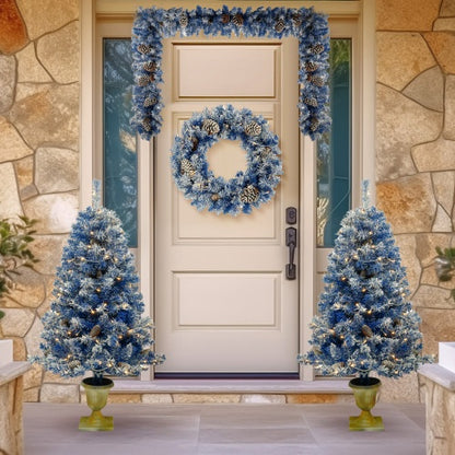 ✨ Pre-Lit Artificial Christmas Tree 4-Piece Set – Blue Frosted Tree, Garland, Wreath & Topiary  Premium Full Holiday Décor Collection