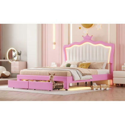 Full-Size Princess Upholstered Bed with LED Lights | Modern Pink & White Bed Frame with Crown Headboard & Drawers ✨