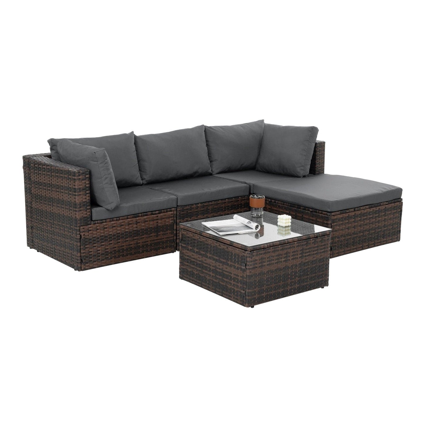 🖤 Noir Haven Rattan Lounge Set — 5-Piece Handwoven Outdoor Sofa with Cushions & Glass-Top Table ☀️✨