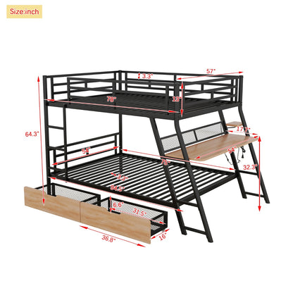 ✨ Full-Size Metal Bunk Bed with Built-in Desk, LED Light & 2 Storage Drawers | Modern Multifunctional Loft Bed – Black ⚡️
