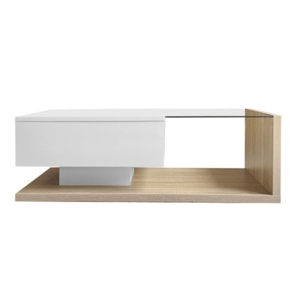 High Gloss LED Coffee Table – Modern White & Natural Wood Center Table with Hidden Storage ✨