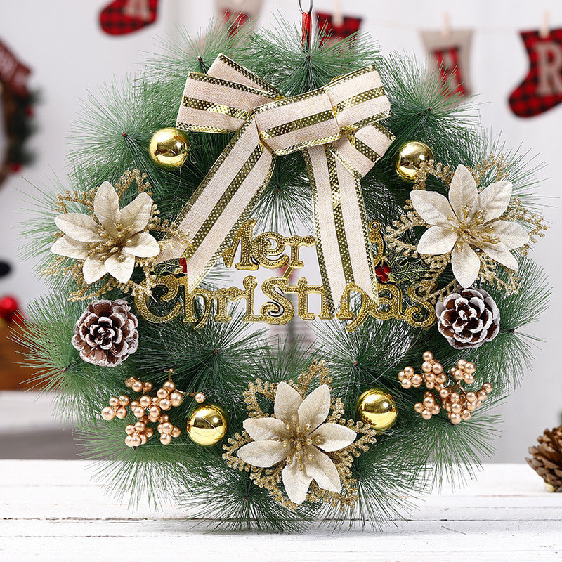 Elegant “Merry Christmas” Door Wreath – Festive Golden Bow & Pine Ornament Decoration ✨