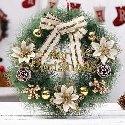 Elegant “Merry Christmas” Door Wreath – Festive Golden Bow & Pine Ornament Decoration ✨