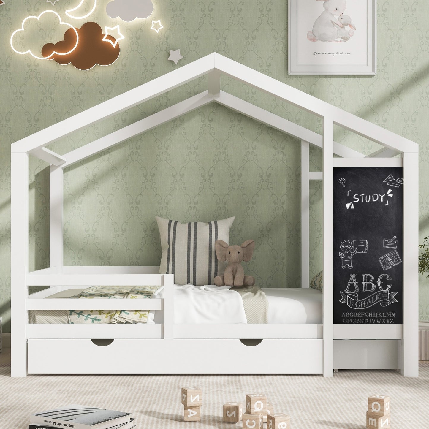 ✨ Twin House Bed with Blackboard & Drawers | Creative Montessori Kids Bed with Storage – White