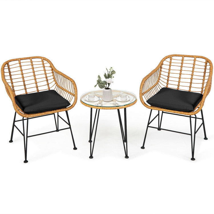 🖤 Urban Chic Rattan Bistro Set — 3-Piece Handwoven Outdoor Lounge with Black Cushions & Glass-Top Table ☕✨