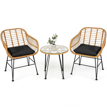 🖤 Urban Chic Rattan Bistro Set — 3-Piece Handwoven Outdoor Lounge with Black Cushions & Glass-Top Table ☕✨