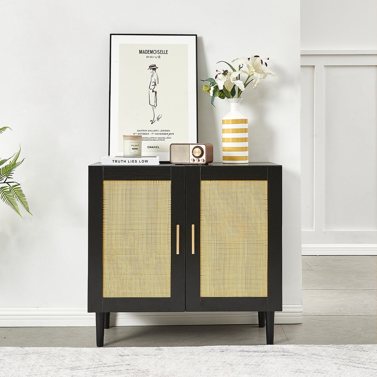 ✨ Side Panel Rattan Buffet Cabinet | Modern Storage Cabinet with Natural Rattan Doors & Adjustable Shelves