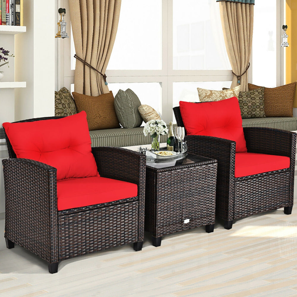 ☀️ Sunset Luxe Rattan Patio Set — 3-Piece Handwoven Outdoor Lounge with Red Cushions & Glass-Top Table ❤️✨