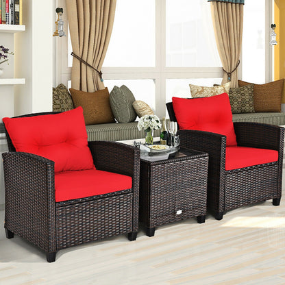 ☀️ Sunset Luxe Rattan Patio Set — 3-Piece Handwoven Outdoor Lounge with Red Cushions & Glass-Top Table ❤️✨