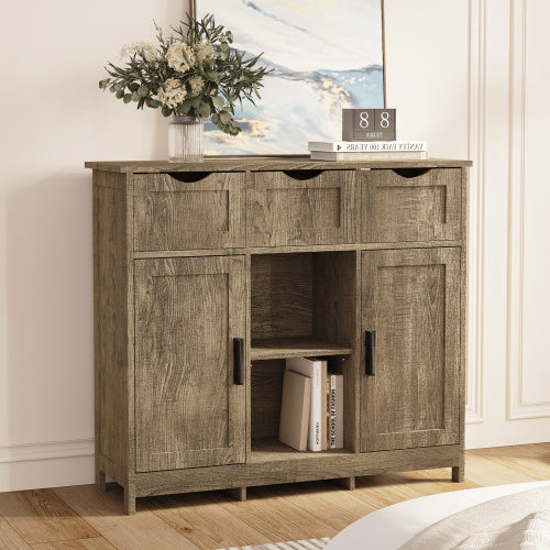 Rustic Gray Wooden Storage Cabinet with Drawers & Open Shelves – Farmhouse Accent Cabinet for Living Room & Entryway
