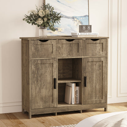 Rustic Gray Wooden Storage Cabinet with Drawers & Open Shelves – Farmhouse Accent Cabinet for Living Room & Entryway
