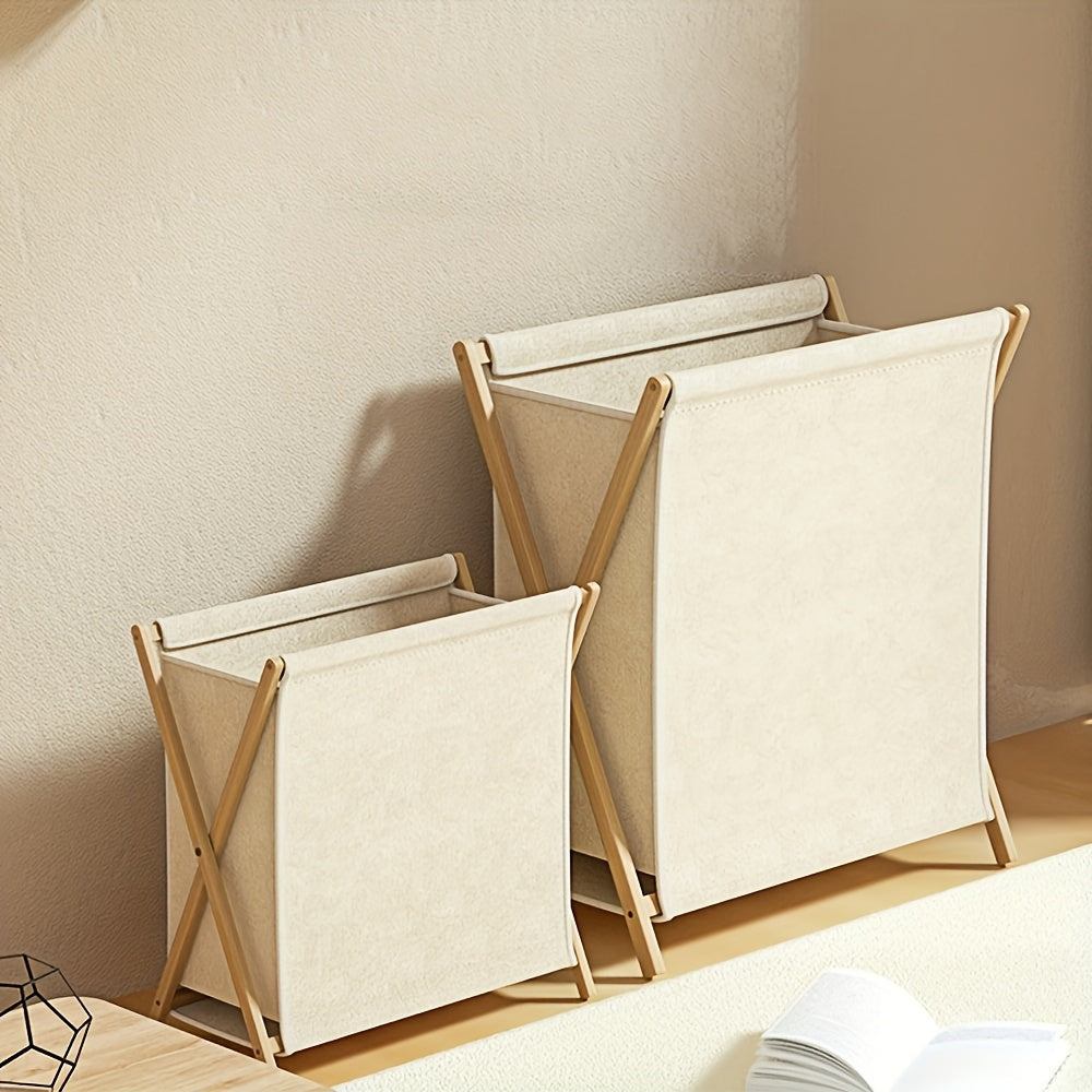 ✨ Collapsible Laundry Basket with Wooden Frame | Minimal Beige Fabric Hamper for Modern Homes