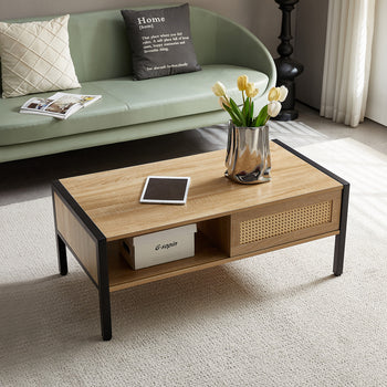 ✨ Modern Rattan Coffee Table with Metal Legs | Sliding Door Storage Table for Living Room ☕