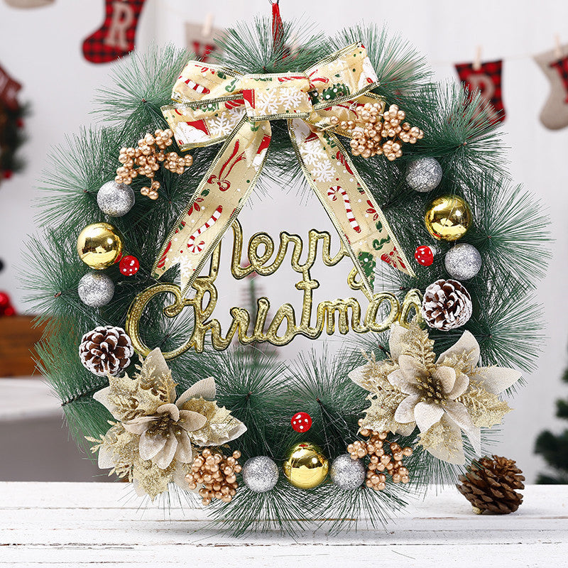 Elegant “Merry Christmas” Door Wreath – Festive Golden Bow & Pine Ornament Decoration ✨
