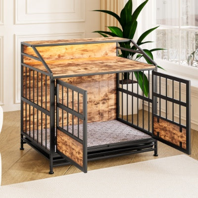Modern Wooden Dog Crate Furniture with Storage – Double Door Pet Kennel for Large & Medium Dogs