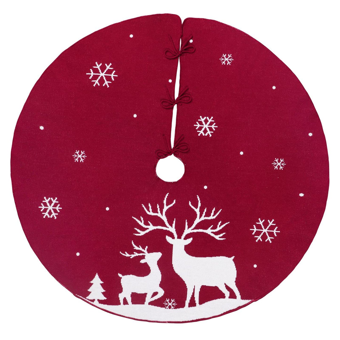 ✨ Knitted Christmas Tree Skirt – Red & White Elk Snow Scenery Design | Warm Nordic Holiday Décor for Christmas Trees ❄️