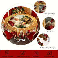 Christmas Round Tablecloth – Festive Santa & Reindeer Print Dining Table Cover ✨ Holiday Party Decor
