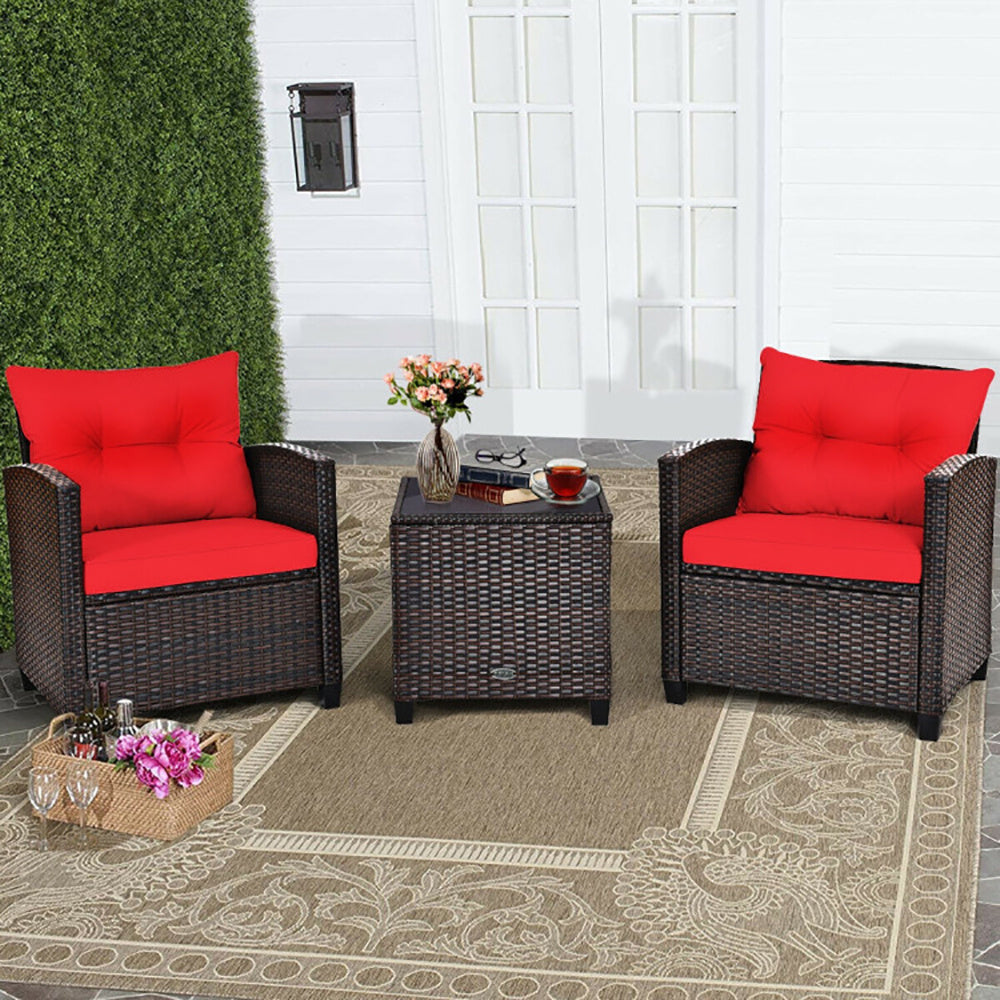 ☀️ Sunset Luxe Rattan Patio Set — 3-Piece Handwoven Outdoor Lounge with Red Cushions & Glass-Top Table ❤️✨