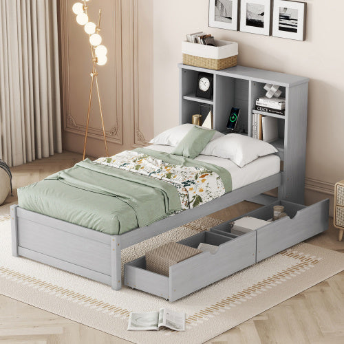 ✨ Modern Twin Bed with USB Port & Storage Drawers | Smart Bed Frame with Bookcase Headboard – Grey ️⚡
