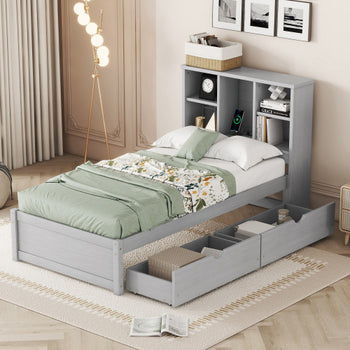 ✨ Modern Twin Bed with USB Port & Storage Drawers | Smart Bed Frame with Bookcase Headboard – Grey ️⚡