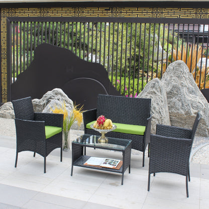☀️ Lime Luxe Rattan Patio Set — 4-Piece Outdoor Lounge with Black Weave & Bold Green Cushions 💚✨