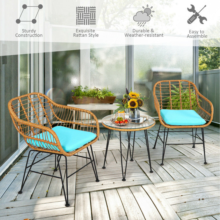 🌊 Coastal Breeze Rattan Patio Set — 3-Piece Outdoor Bistro with Aqua Cushions &amp; Glass-Top Table ☕✨